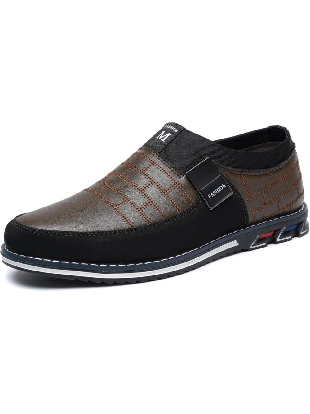 Men's Brown Grid Embossed Leather Comfort Two-Tone Casual Slip On Dress Loafers